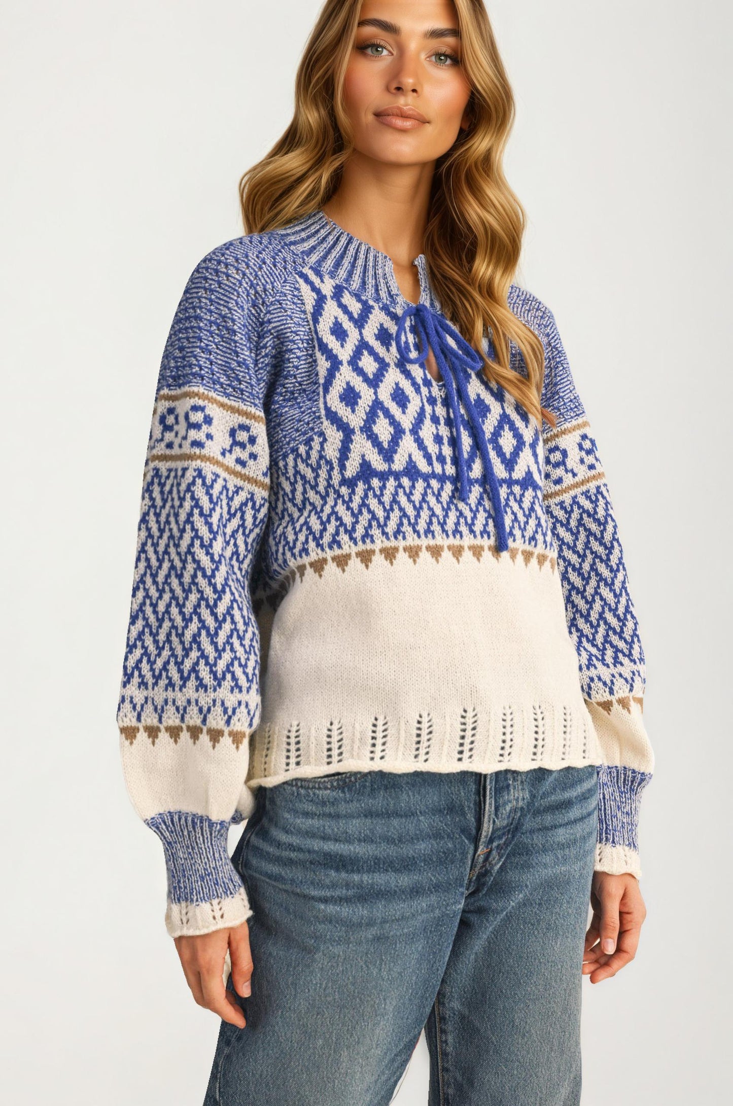 Fair Isle Tie-Neck Knitted Sweater