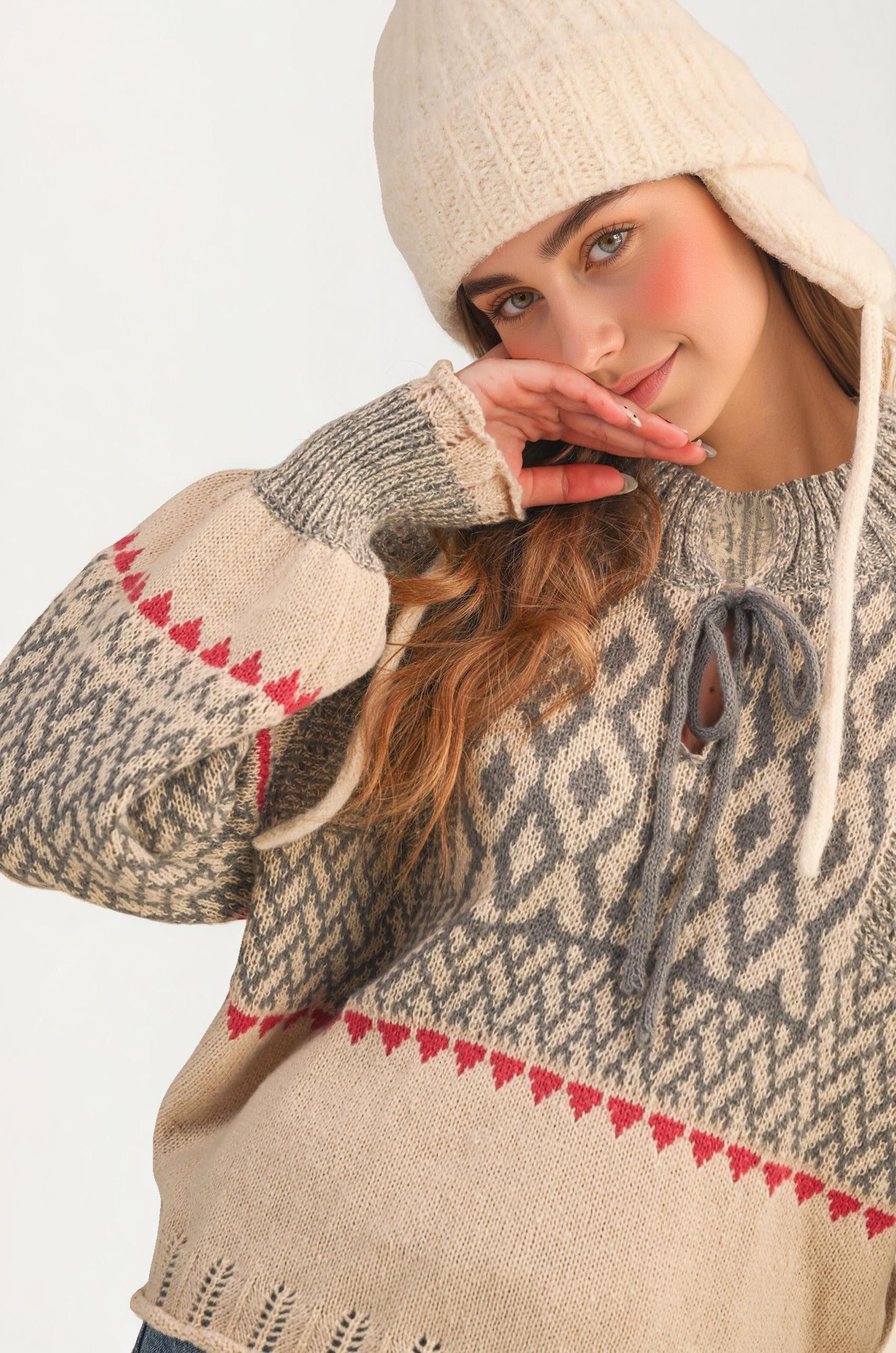Fair Isle Tie-Neck Knitted Sweater