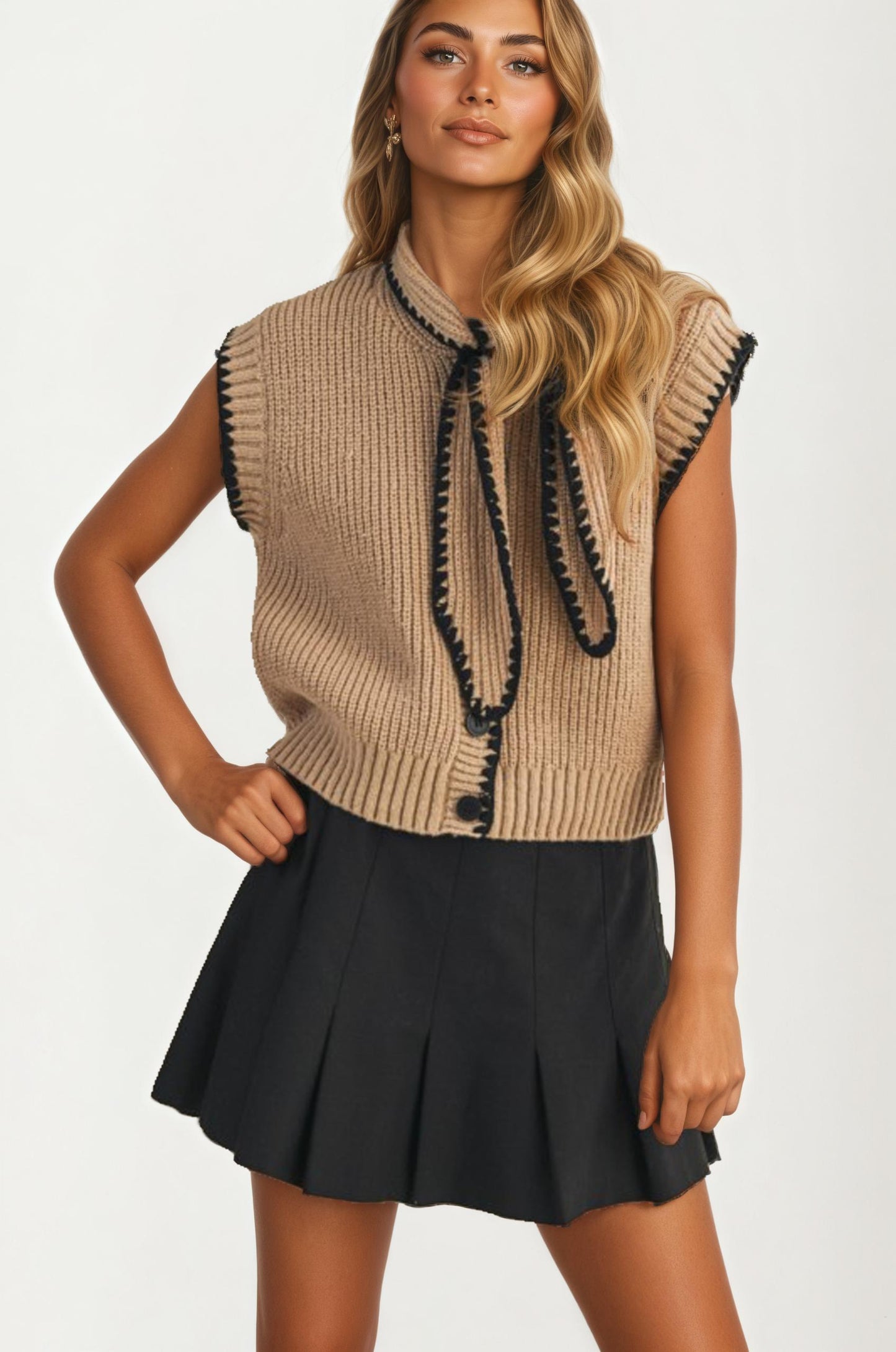 Sleeveless Knit Vest with Contrast Trim and Tie Detail