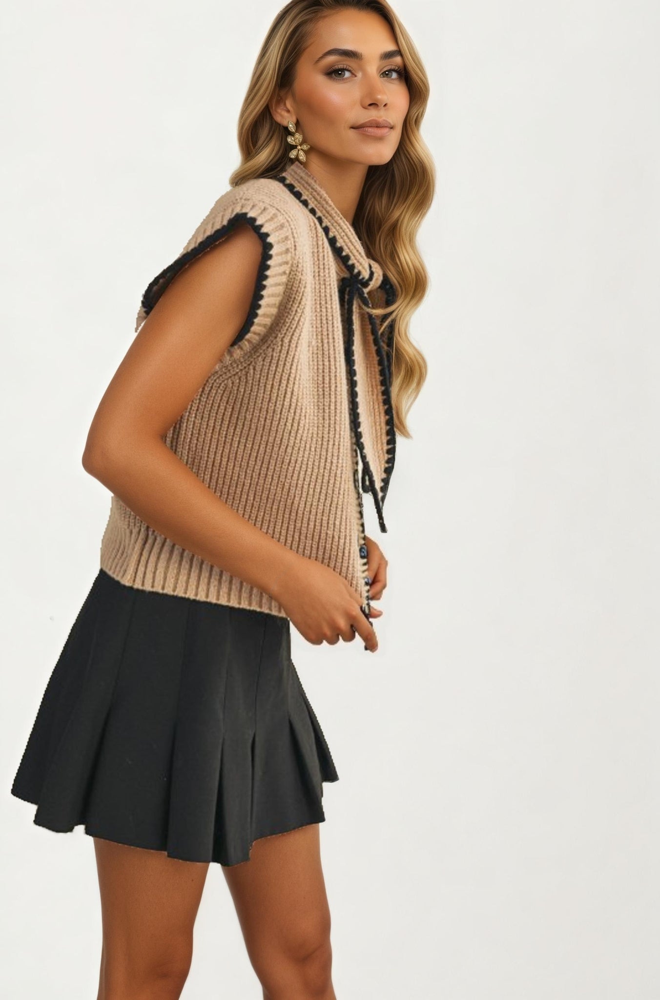 Sleeveless Knit Vest with Contrast Trim and Tie Detail