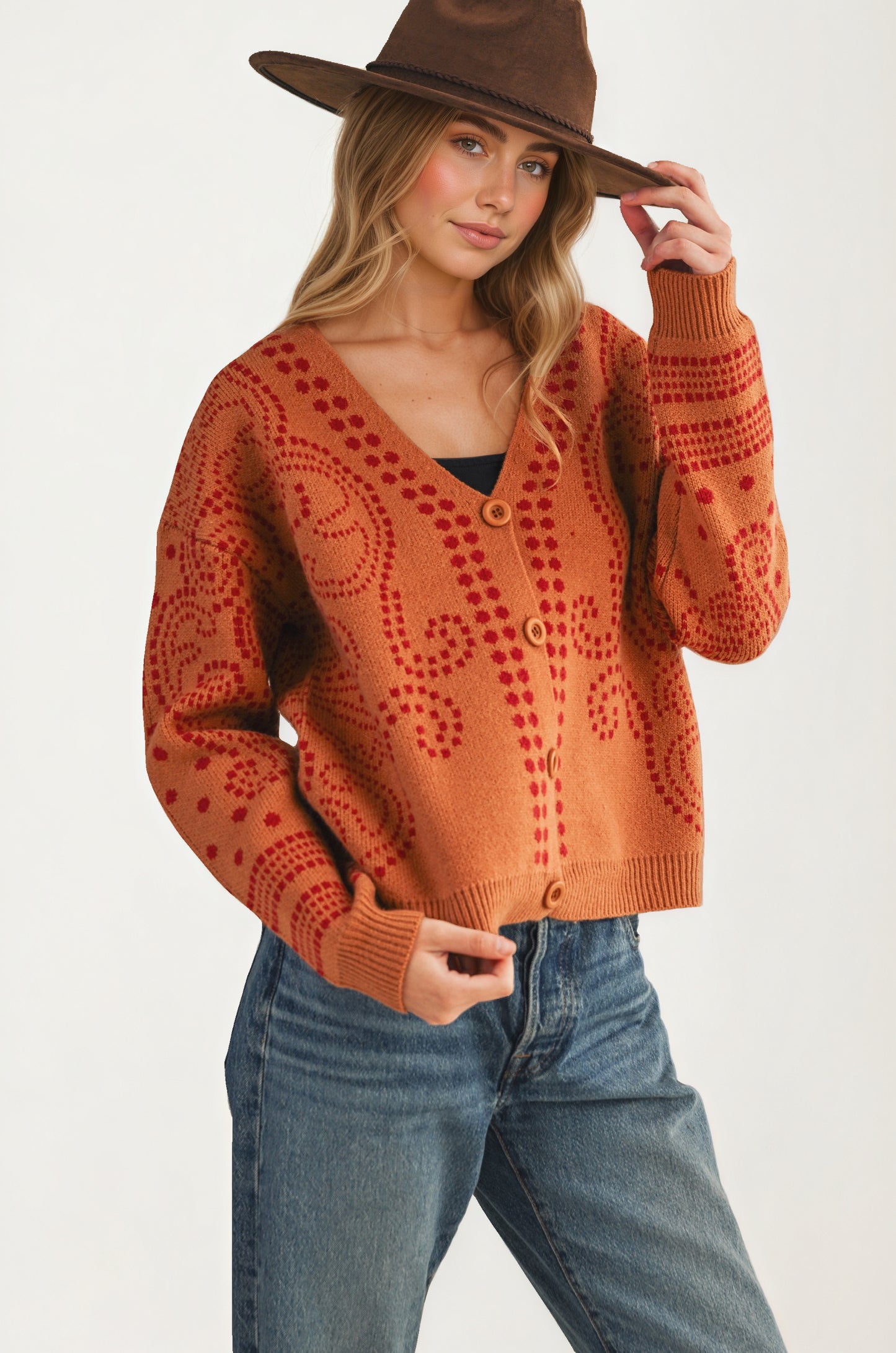 Patterned Button Cardigan with Relaxed Modern Fit
