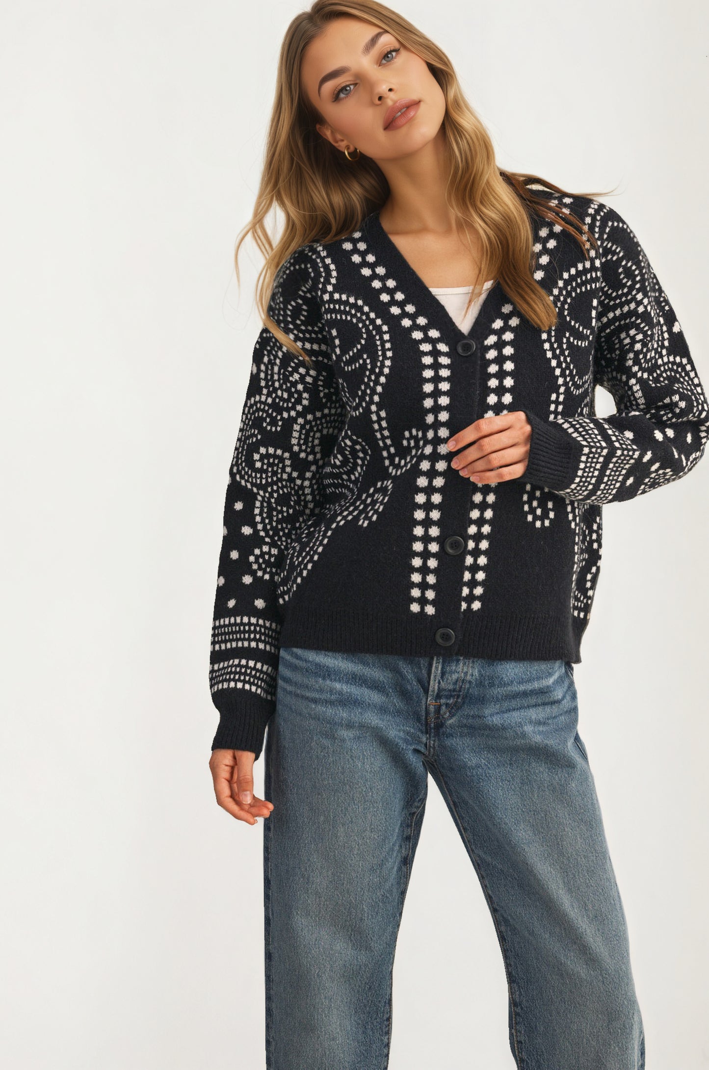 Patterned Button Cardigan with Relaxed Modern Fit