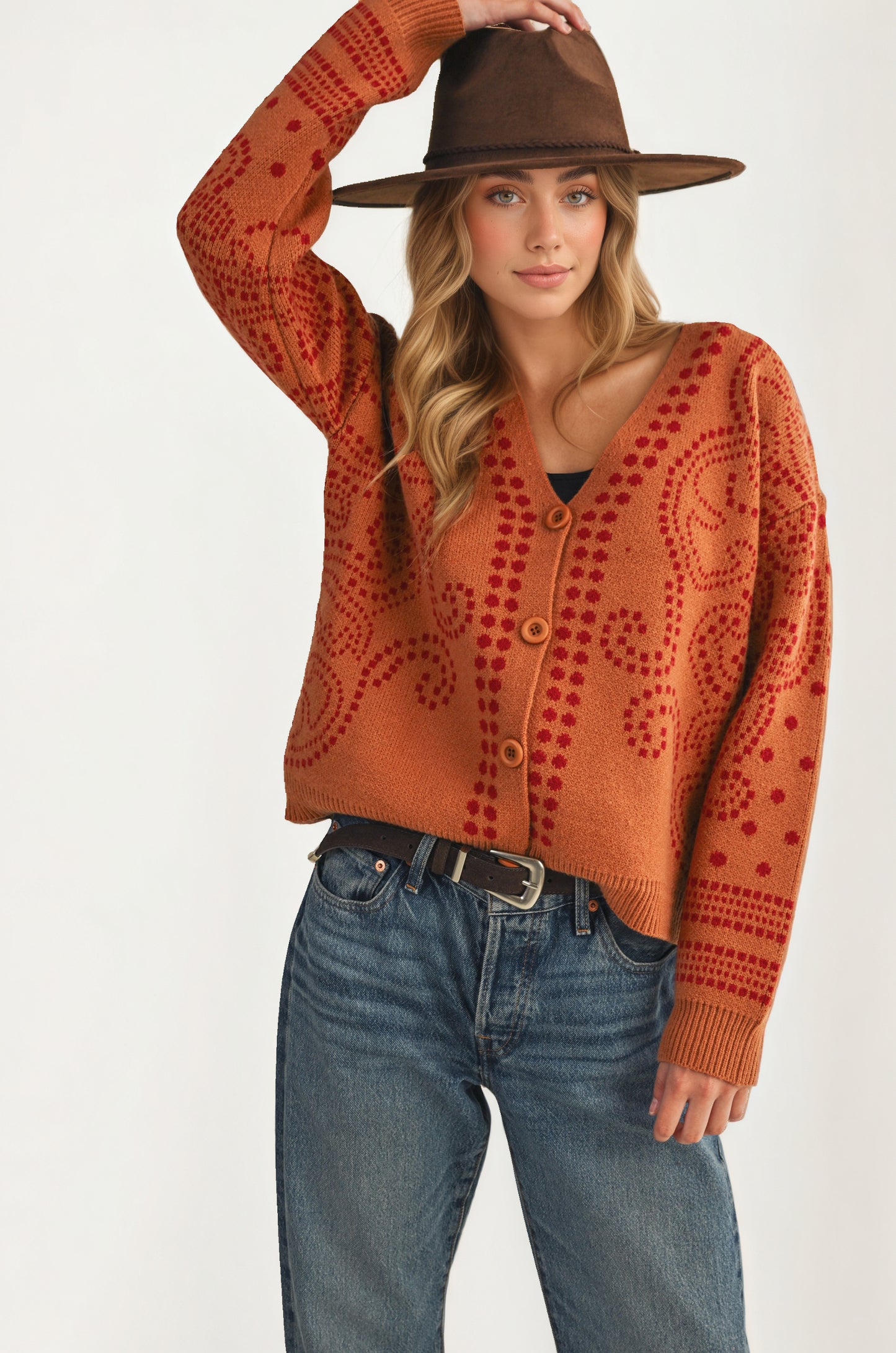 Patterned Button Cardigan with Relaxed Modern Fit