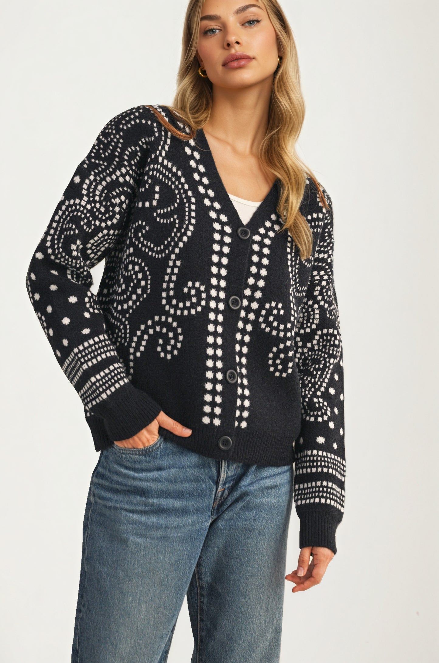 Patterned Button Cardigan with Relaxed Modern Fit