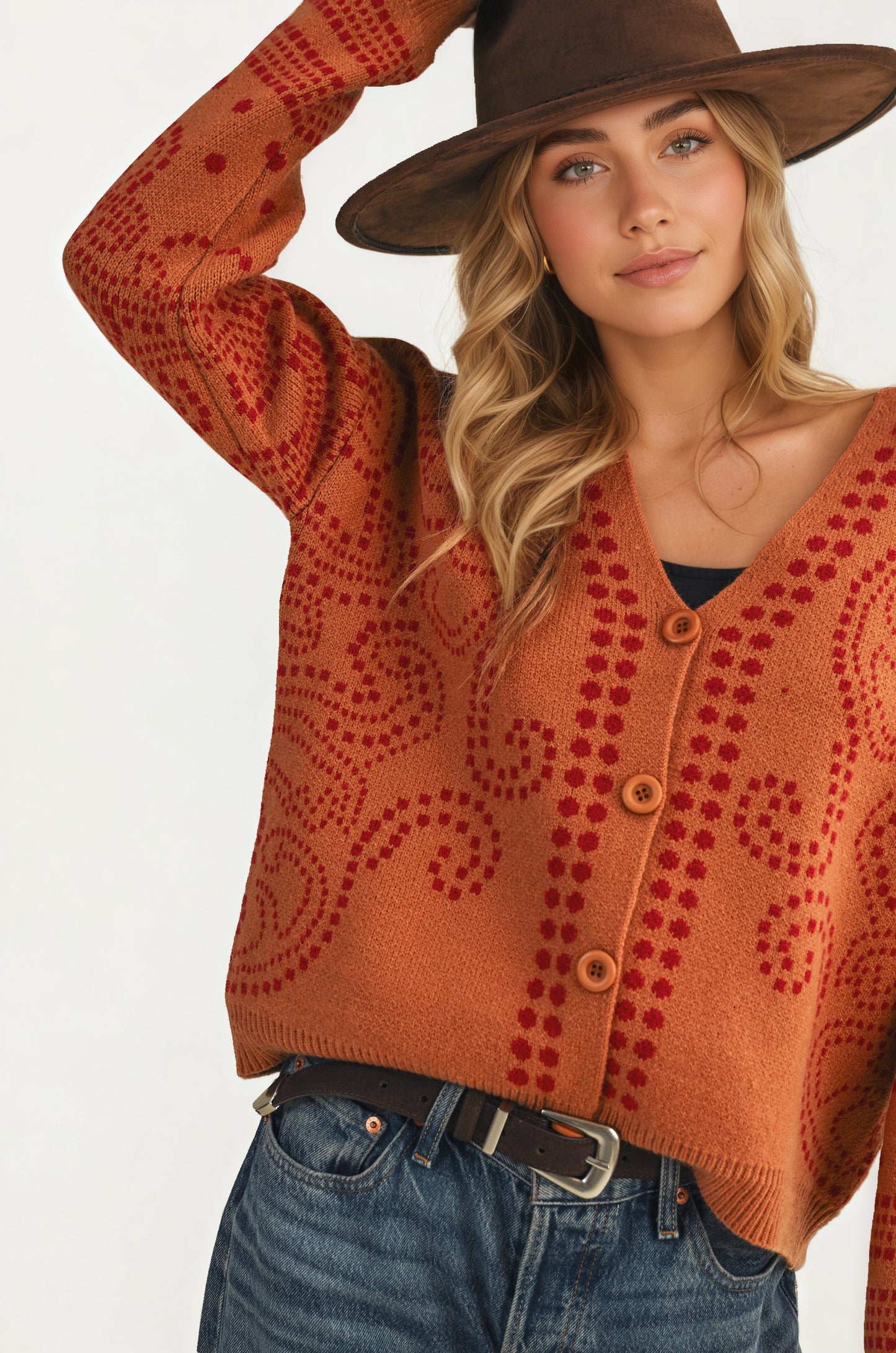 Patterned Button Cardigan with Relaxed Modern Fit