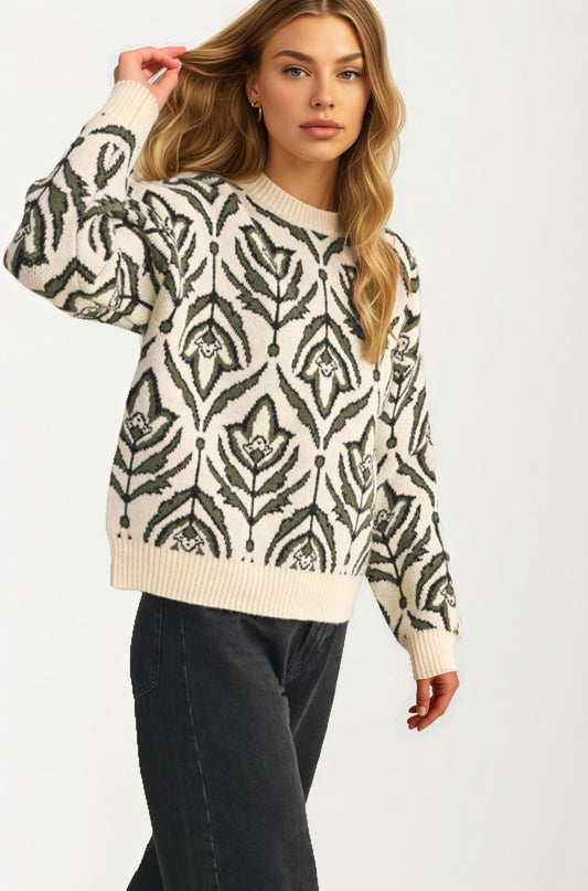 Ivory Green Floral Knit Sweater with Relaxed Fit