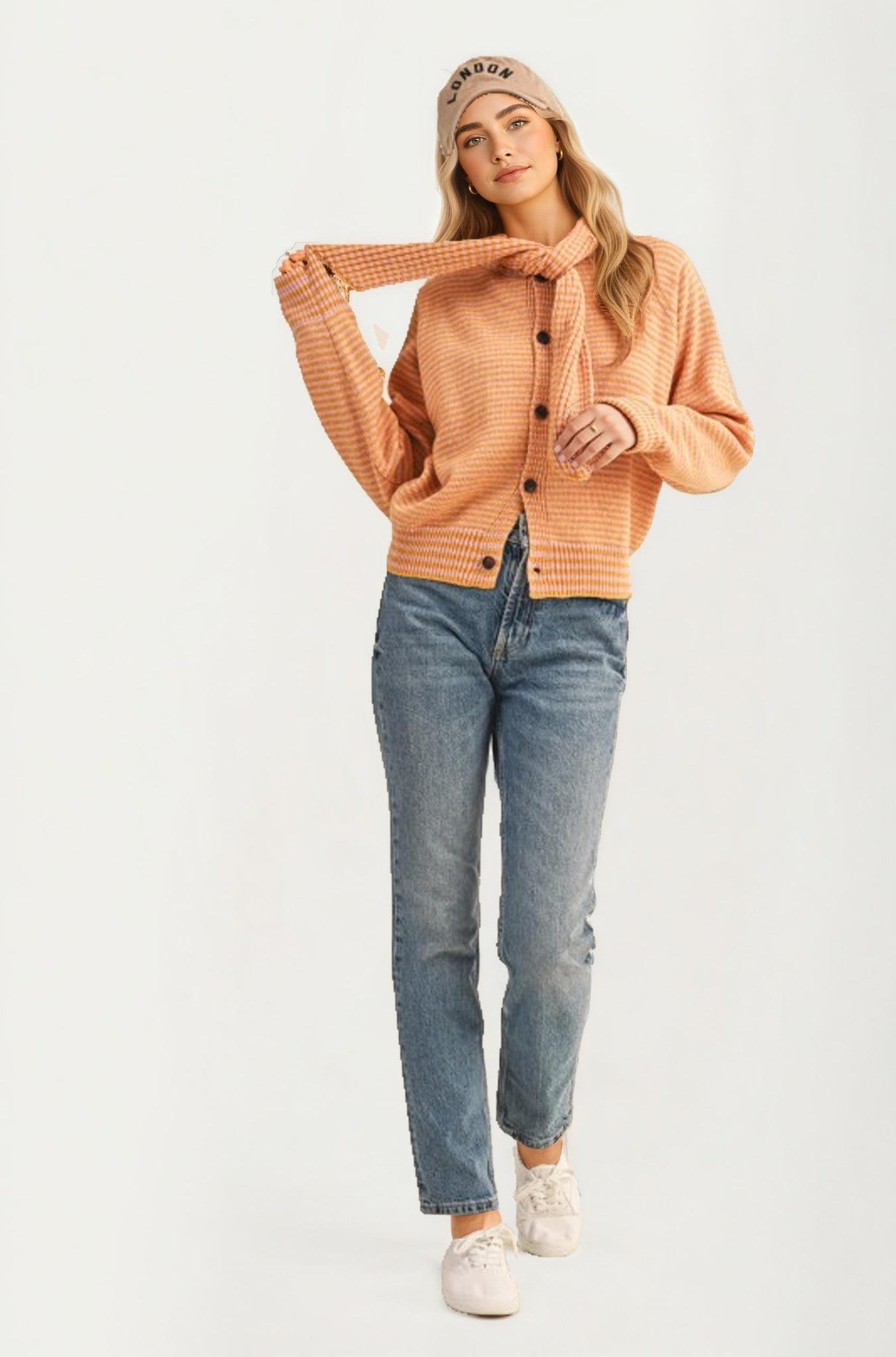 Striped Knit Button Cardigan with Tie-Neck Scarf Detail