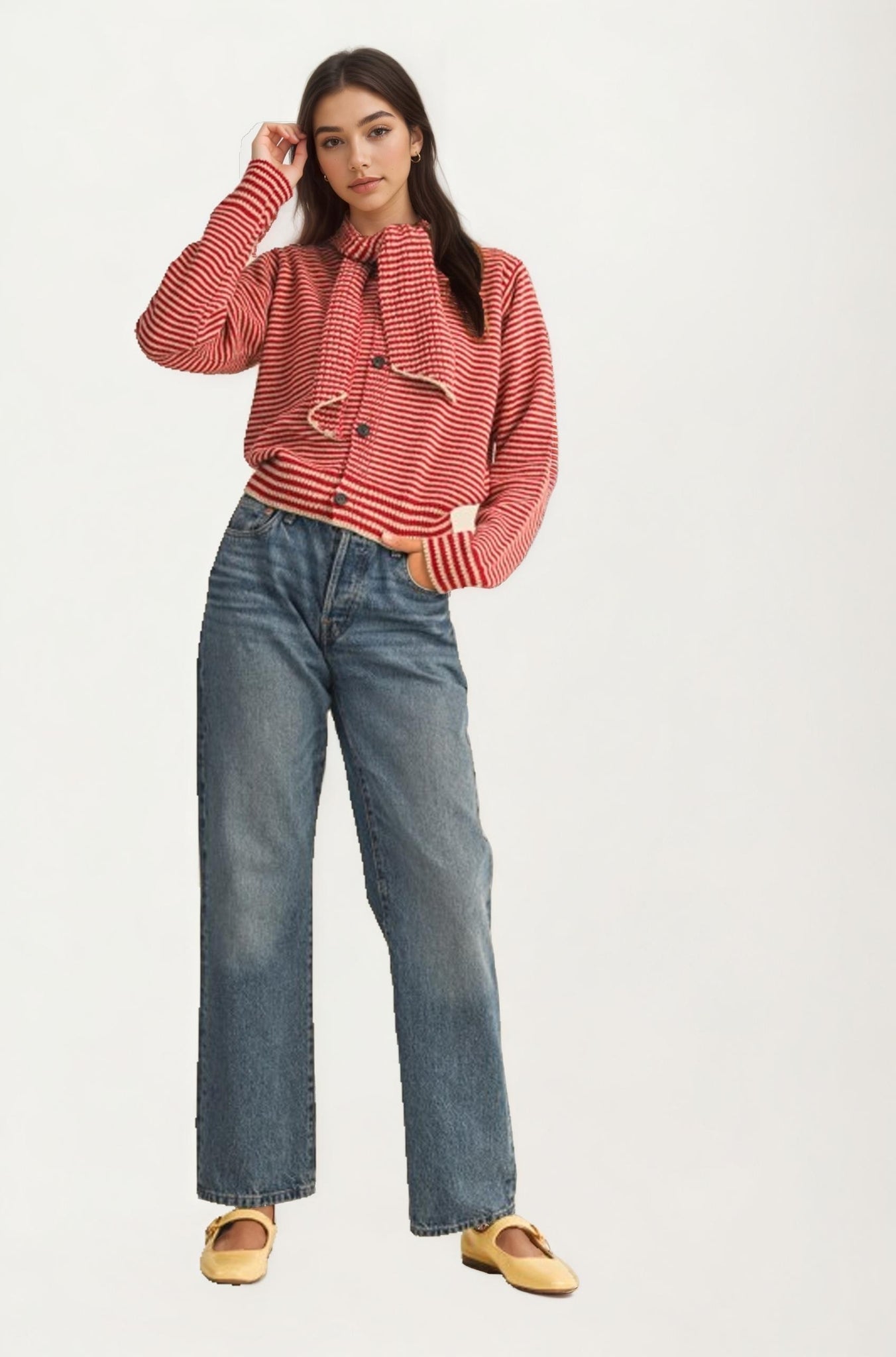 Striped Knit Button Cardigan with Tie-Neck Scarf Detail