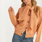 Striped Knit Button Cardigan with Tie-Neck Scarf Detail