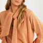 Striped Knit Button Cardigan with Tie-Neck Scarf Detail