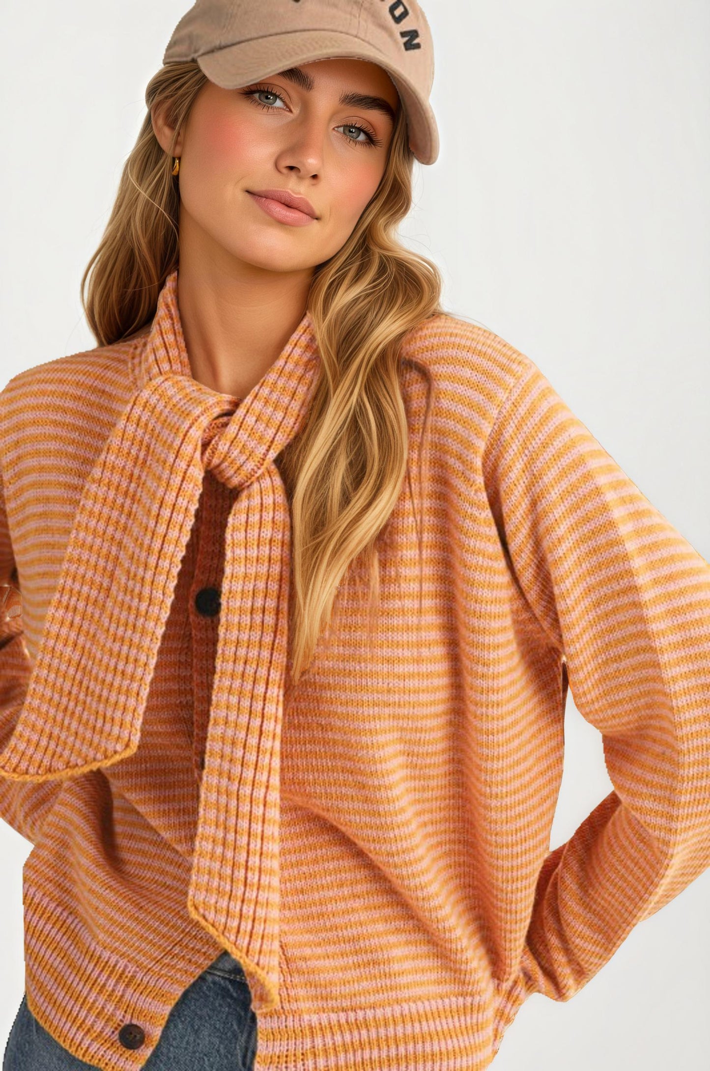 Striped Knit Button Cardigan with Tie-Neck Scarf Detail
