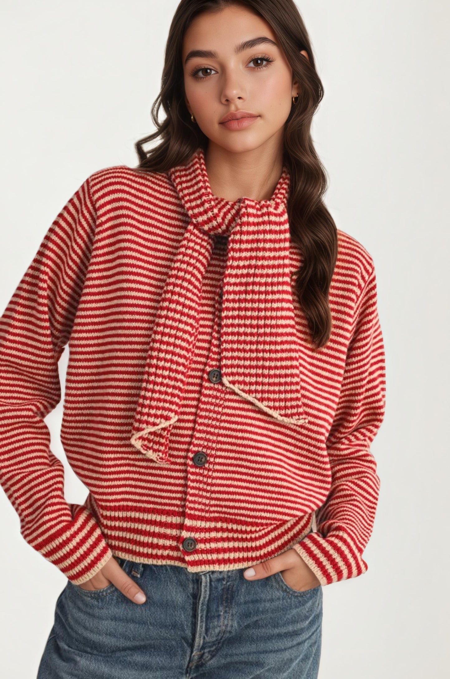 Striped Knit Button Cardigan with Tie-Neck Scarf Detail