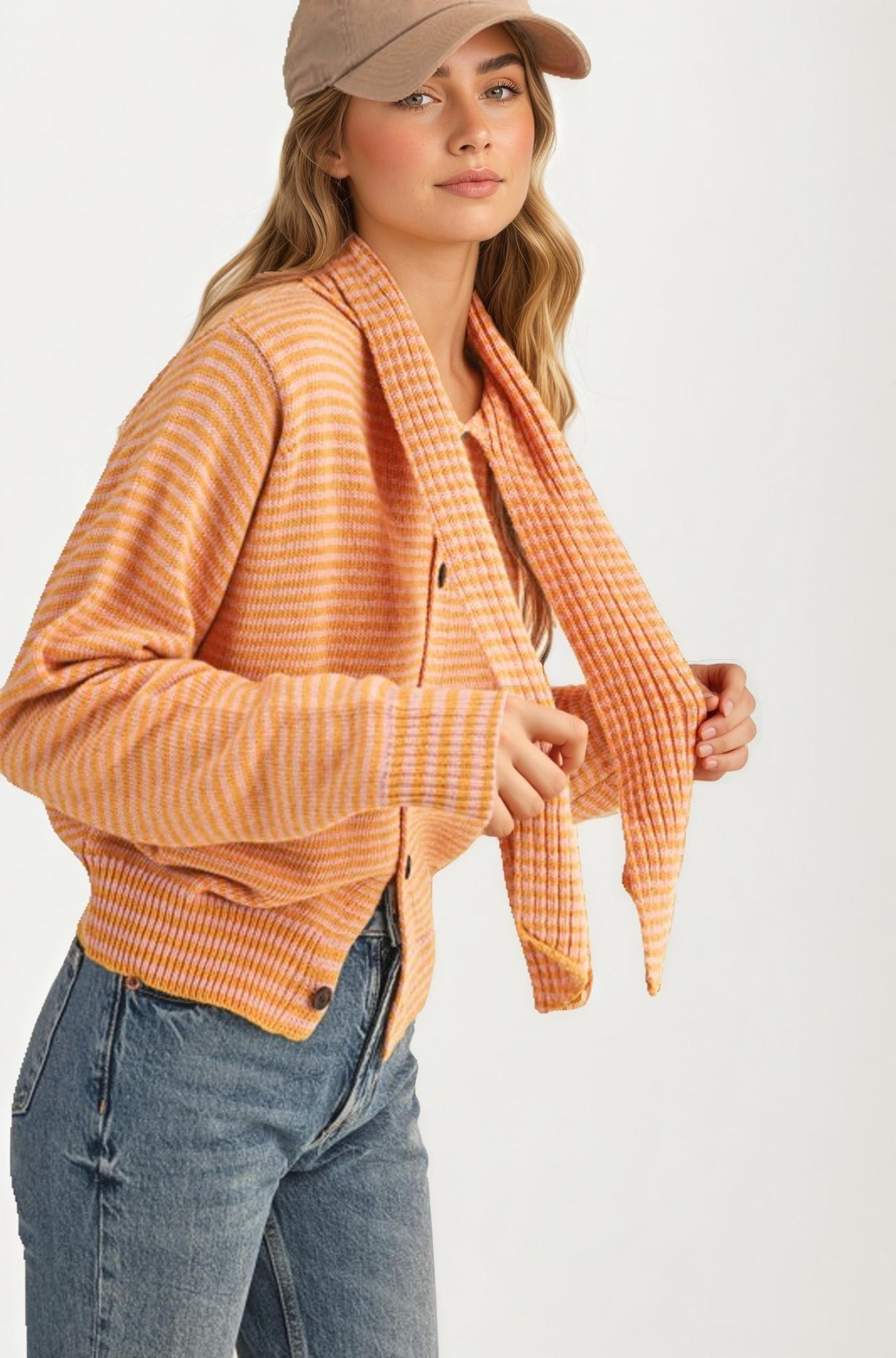 Striped Knit Button Cardigan with Tie-Neck Scarf Detail