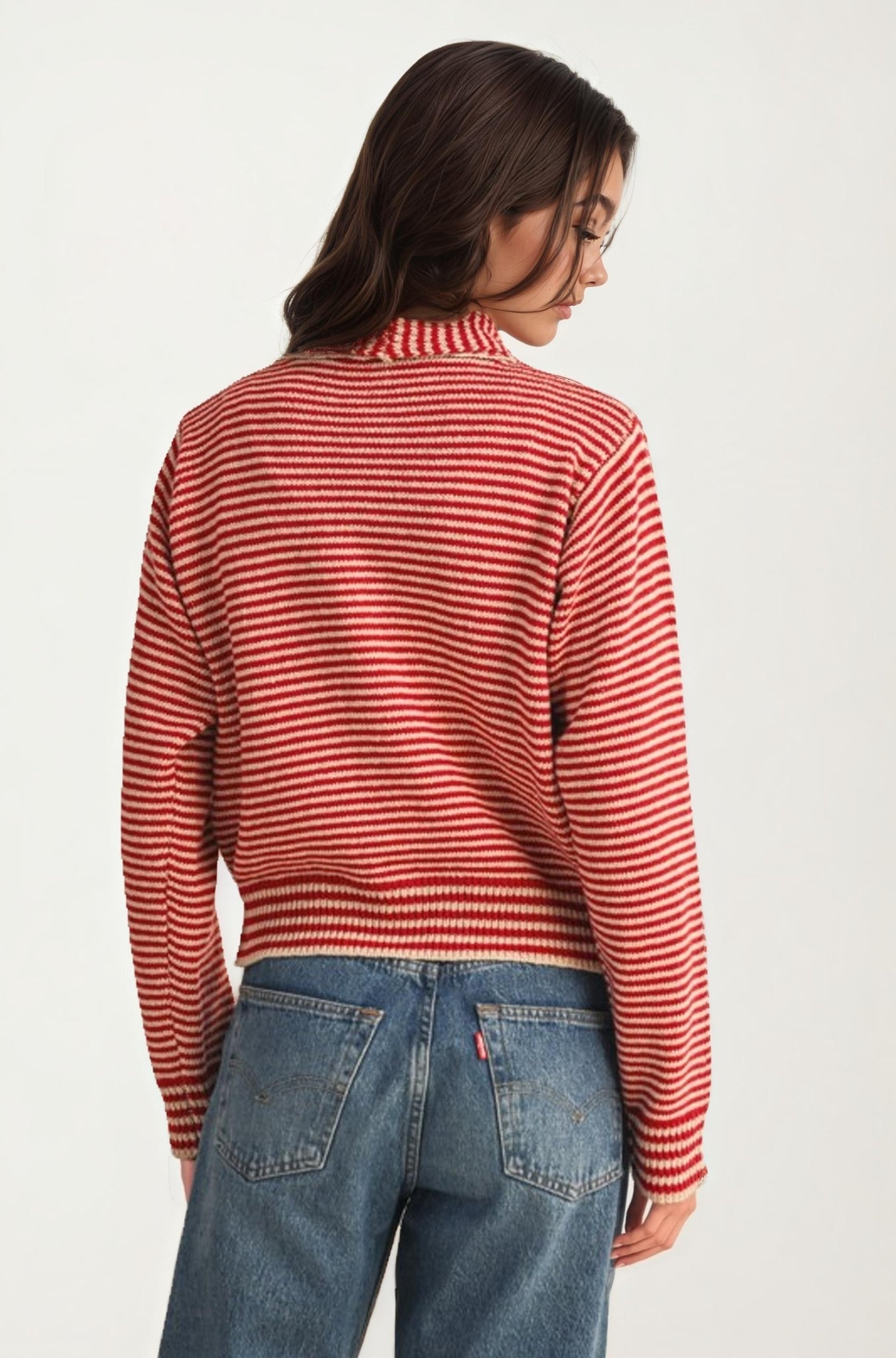 Striped Knit Button Cardigan with Tie-Neck Scarf Detail