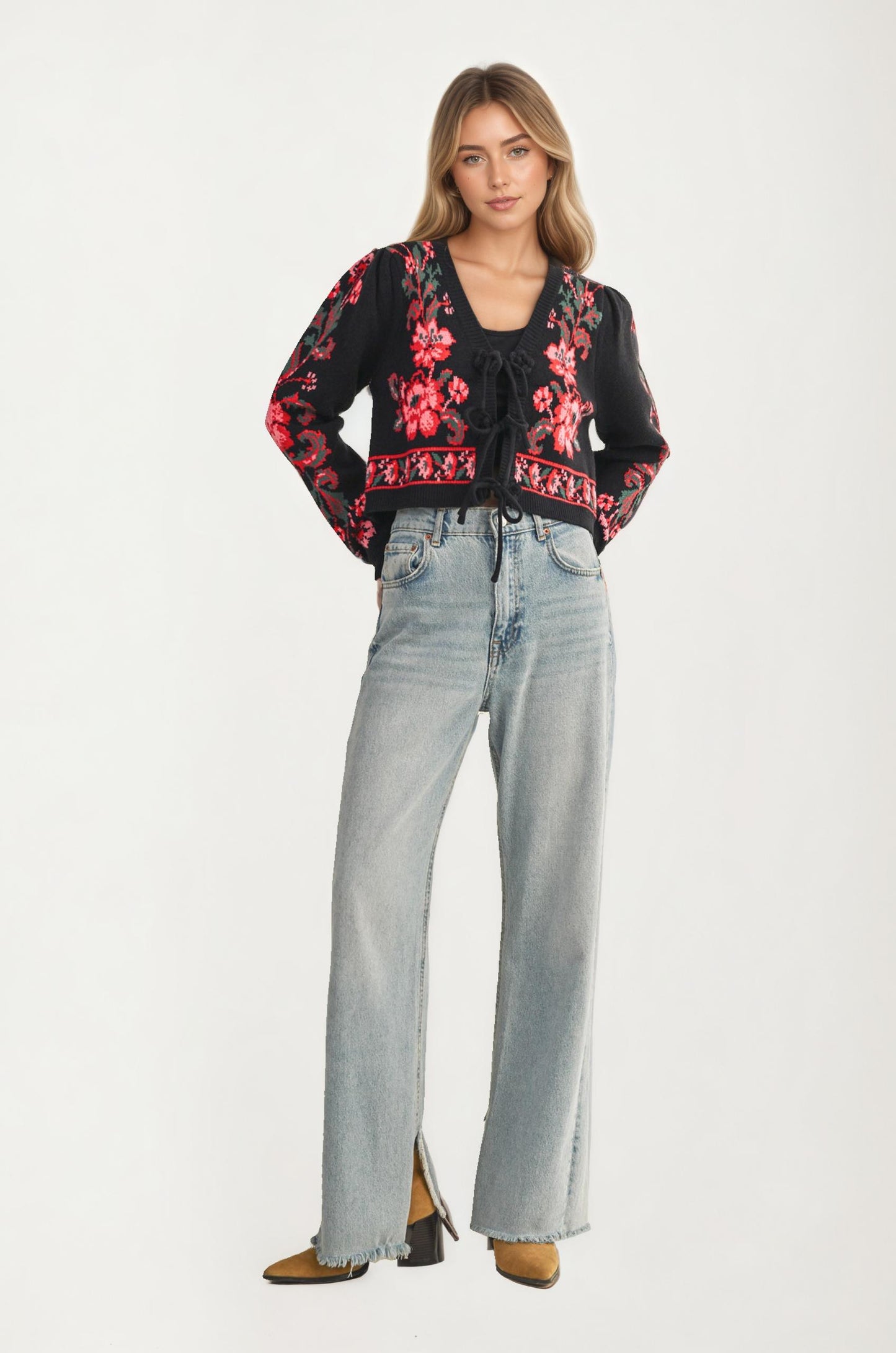 Floral Knit Tie Front Cardigan with Puff Sleeves