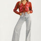 Floral Knit Tie Front Cardigan with Puff Sleeves