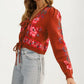 Floral Knit Tie Front Cardigan with Puff Sleeves