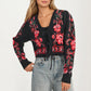 Floral Knit Tie Front Cardigan with Puff Sleeves
