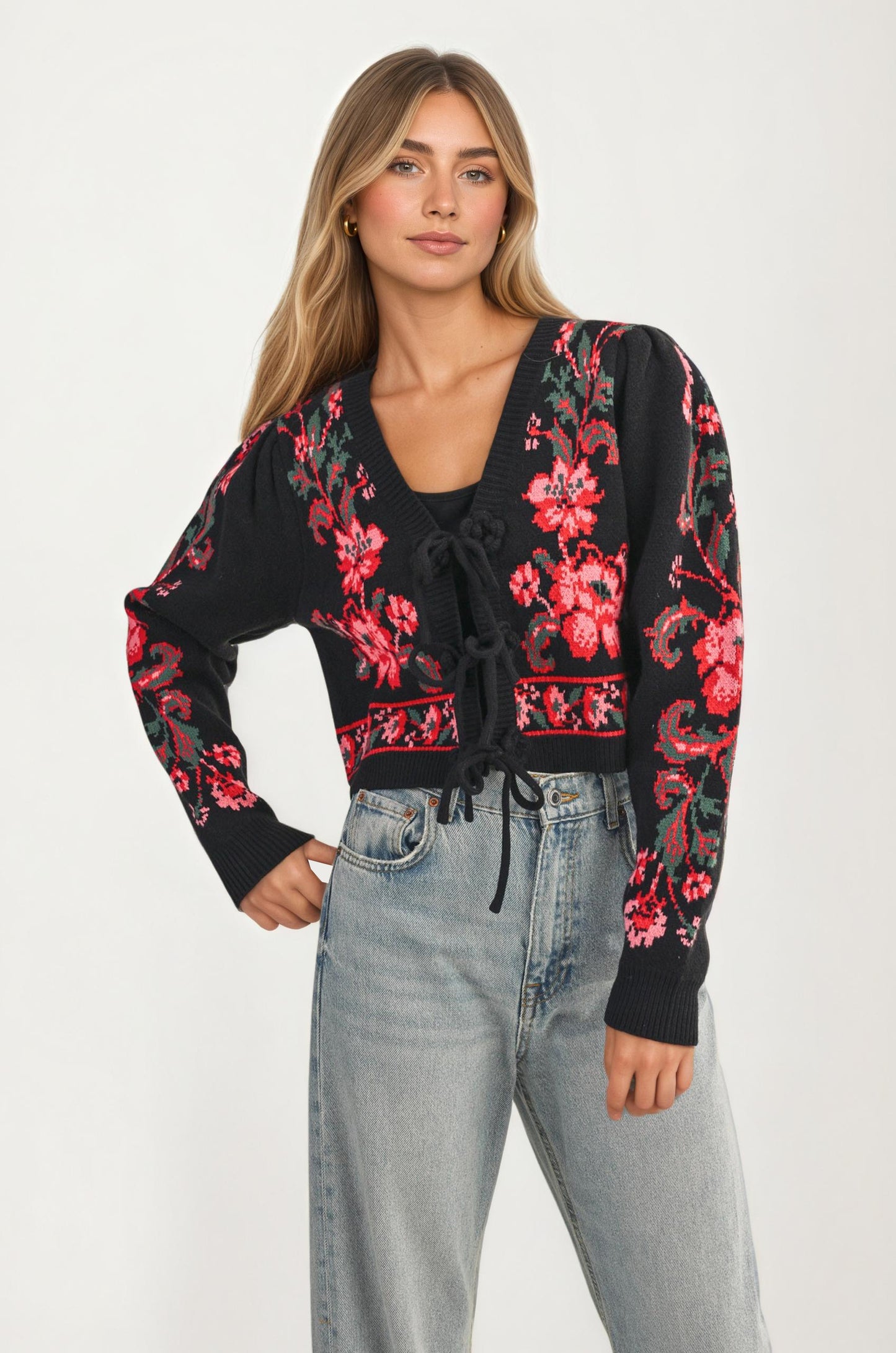 Floral Knit Tie Front Cardigan with Puff Sleeves