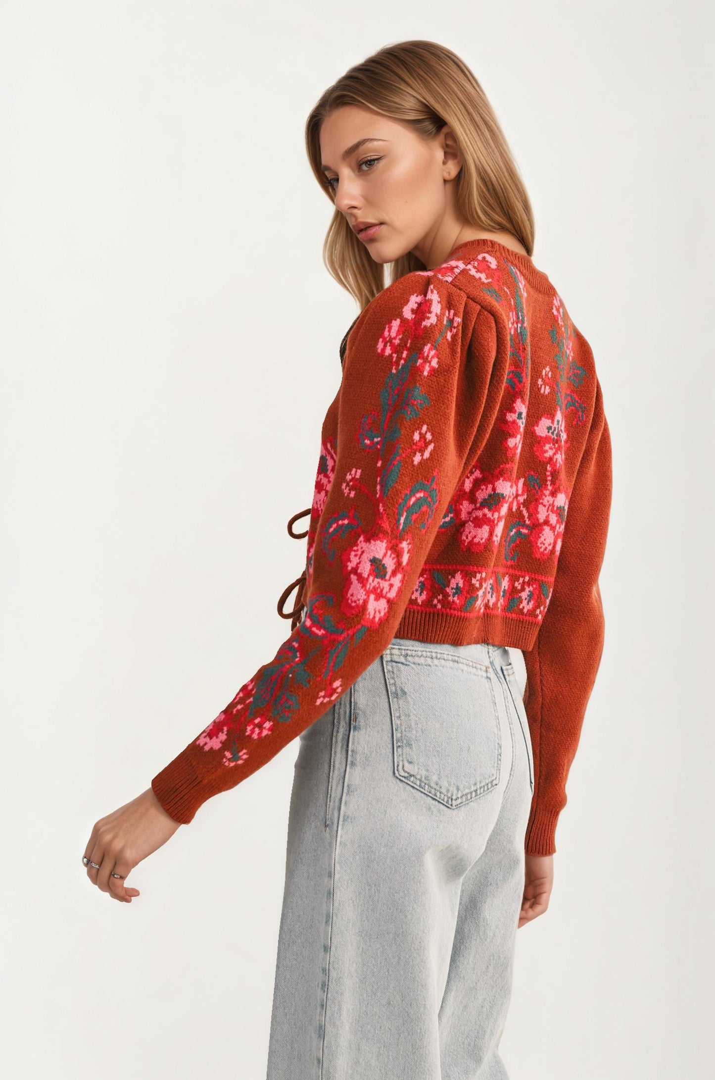 Floral Knit Tie Front Cardigan with Puff Sleeves