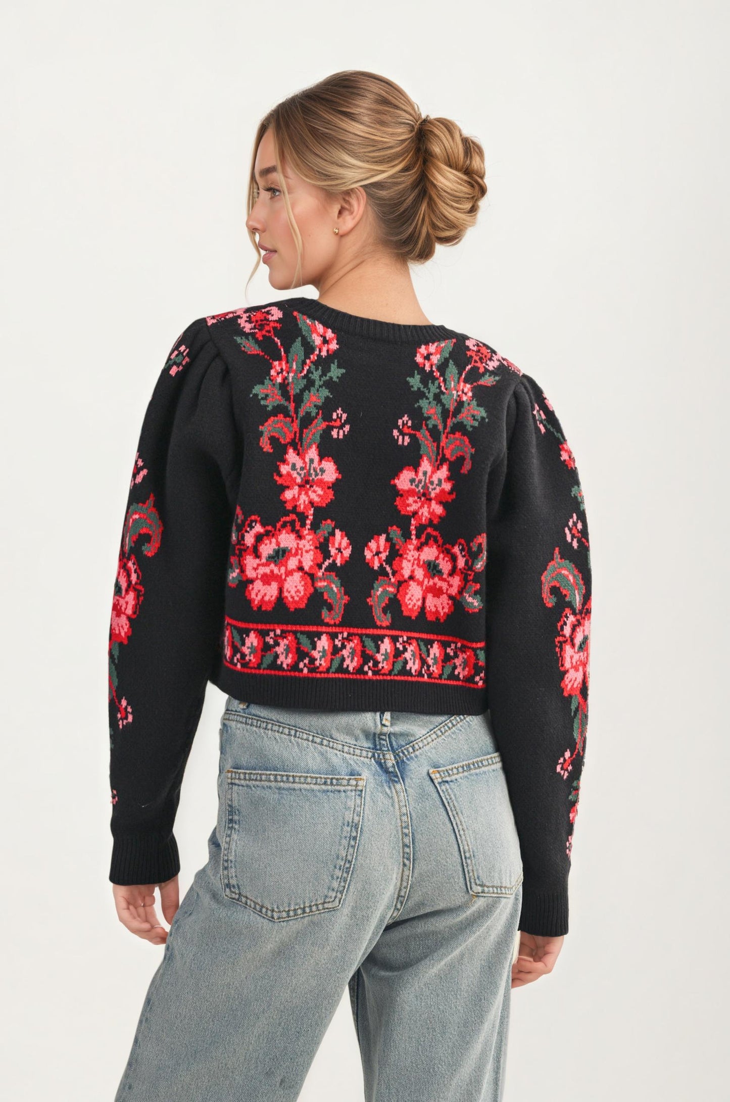 Floral Knit Tie Front Cardigan with Puff Sleeves