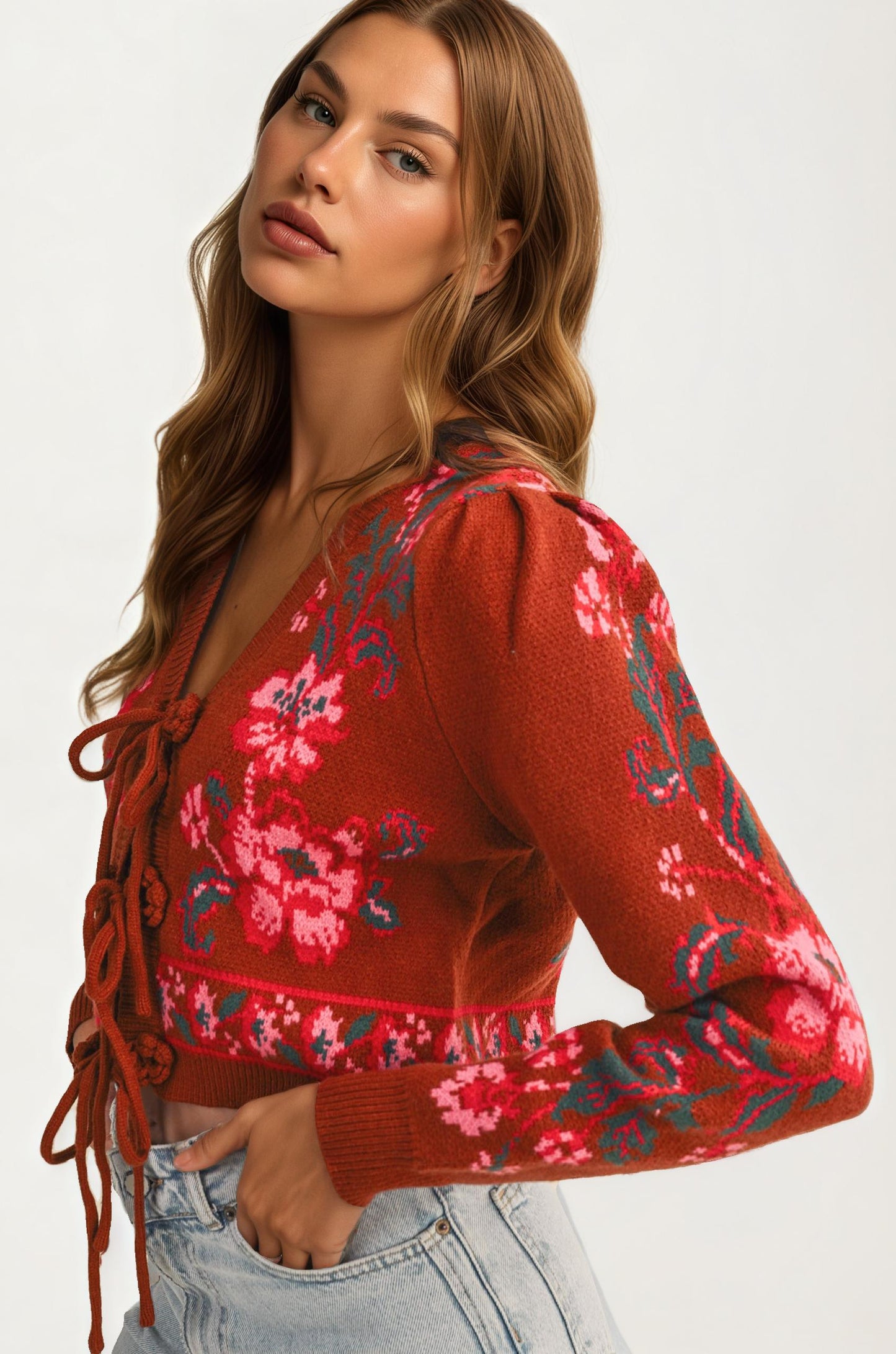Floral Knit Tie Front Cardigan with Puff Sleeves