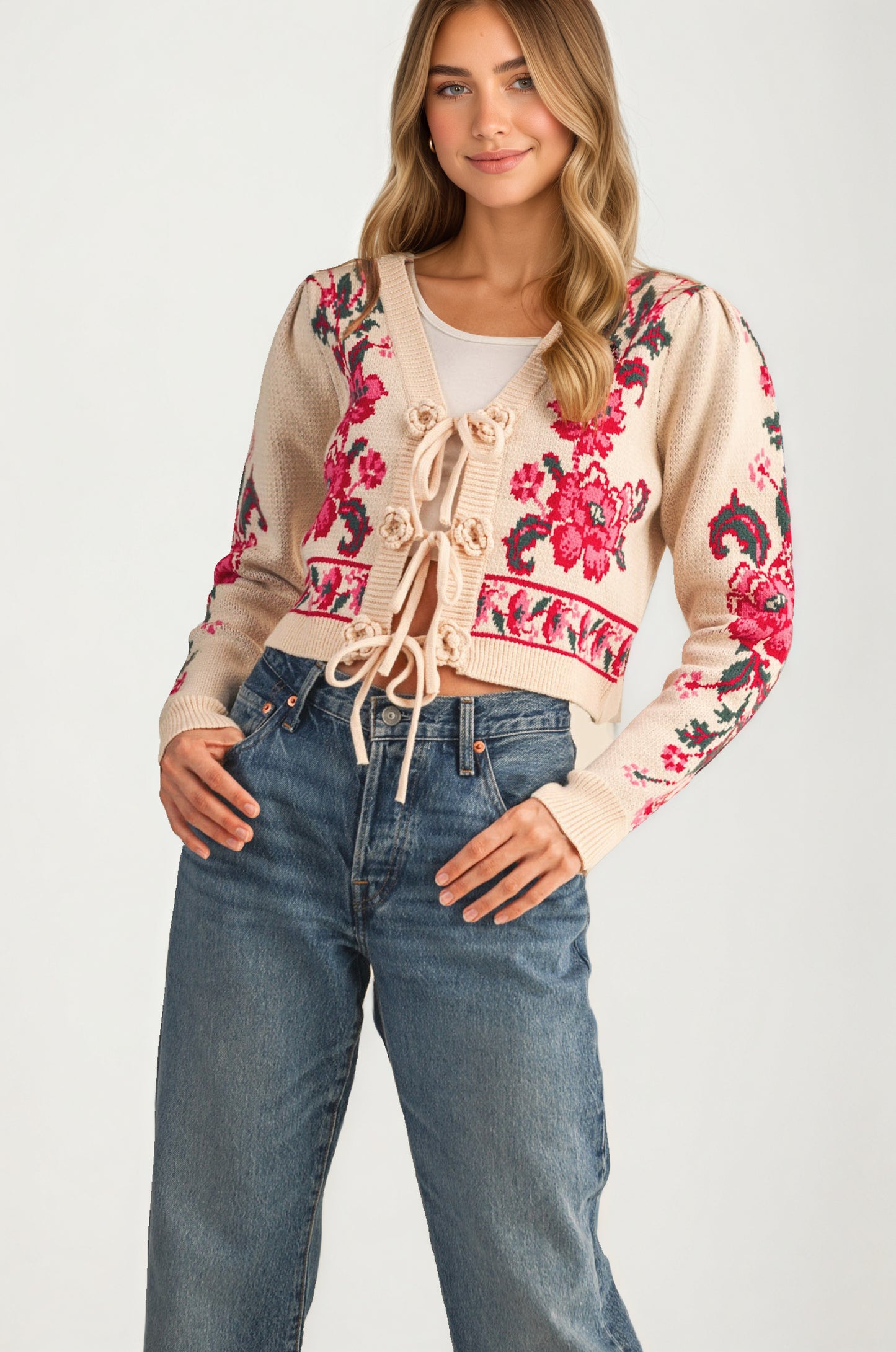 Floral Tie-Front Cardigan with Cropped Feminine Silhouette