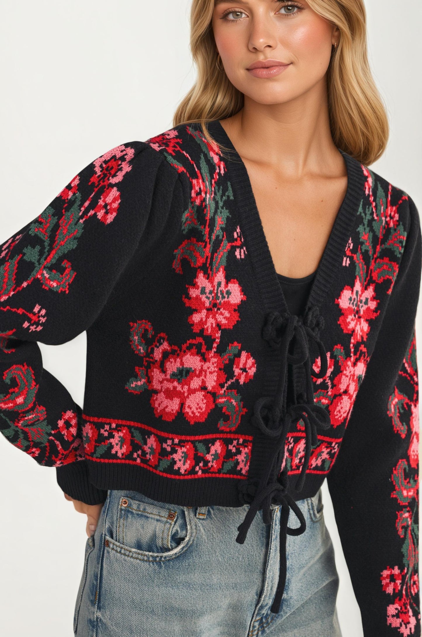 Floral Knit Tie Front Cardigan with Puff Sleeves
