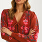 Floral Knit Tie Front Cardigan with Puff Sleeves