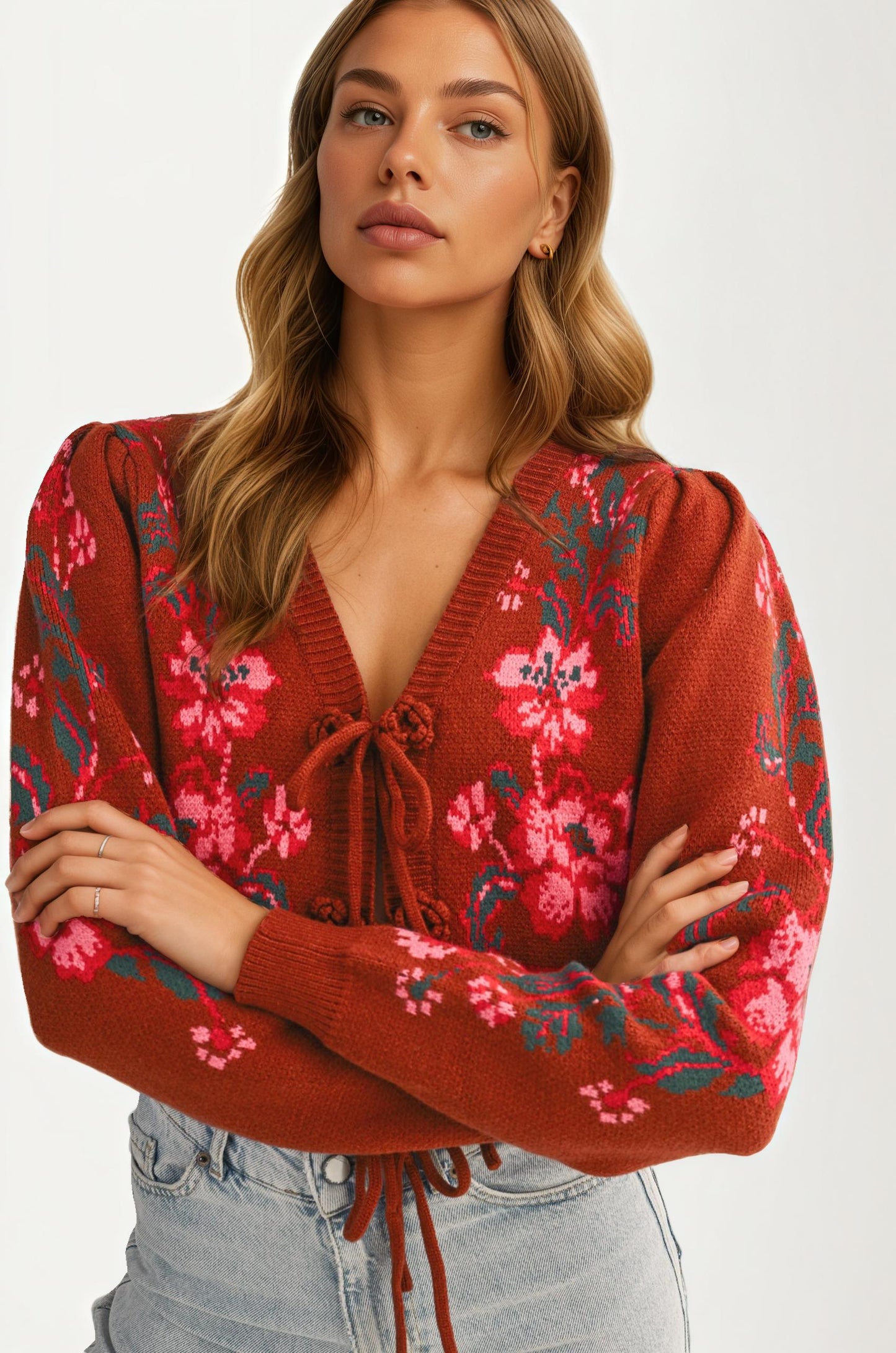 Floral Knit Tie Front Cardigan with Puff Sleeves