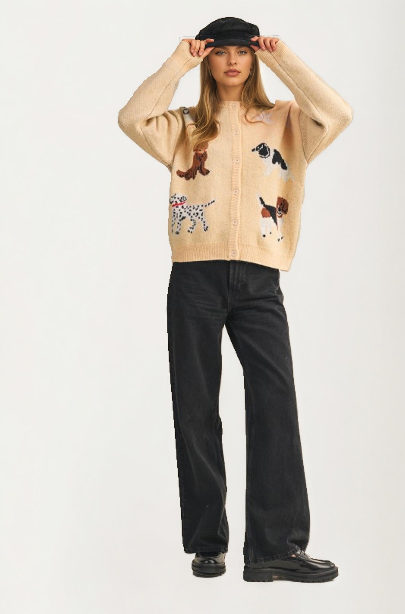 Button Front Dog Print Knit Cardigan With Relaxed Fit