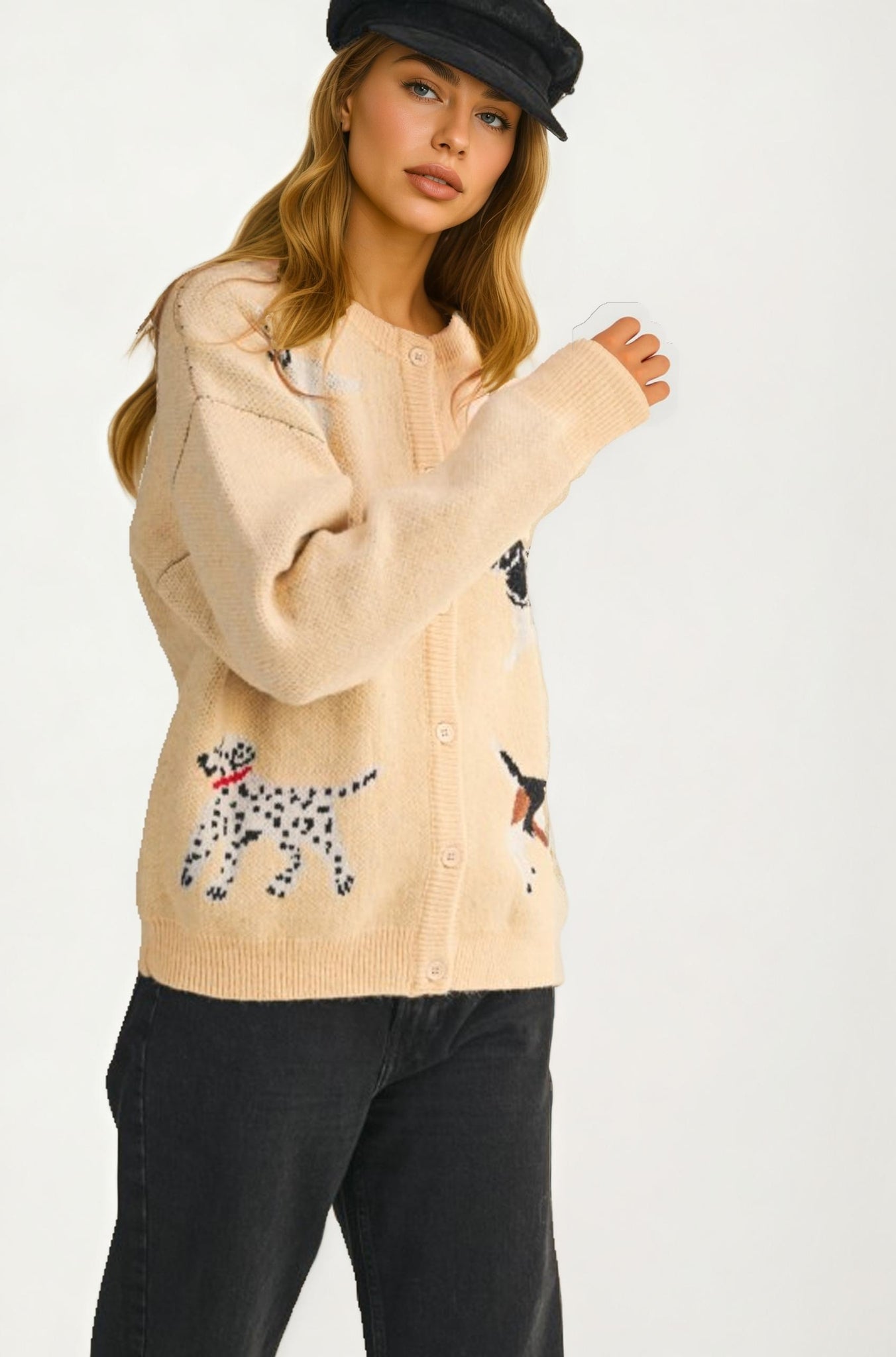 Button Front Dog Print Knit Cardigan With Relaxed Fit
