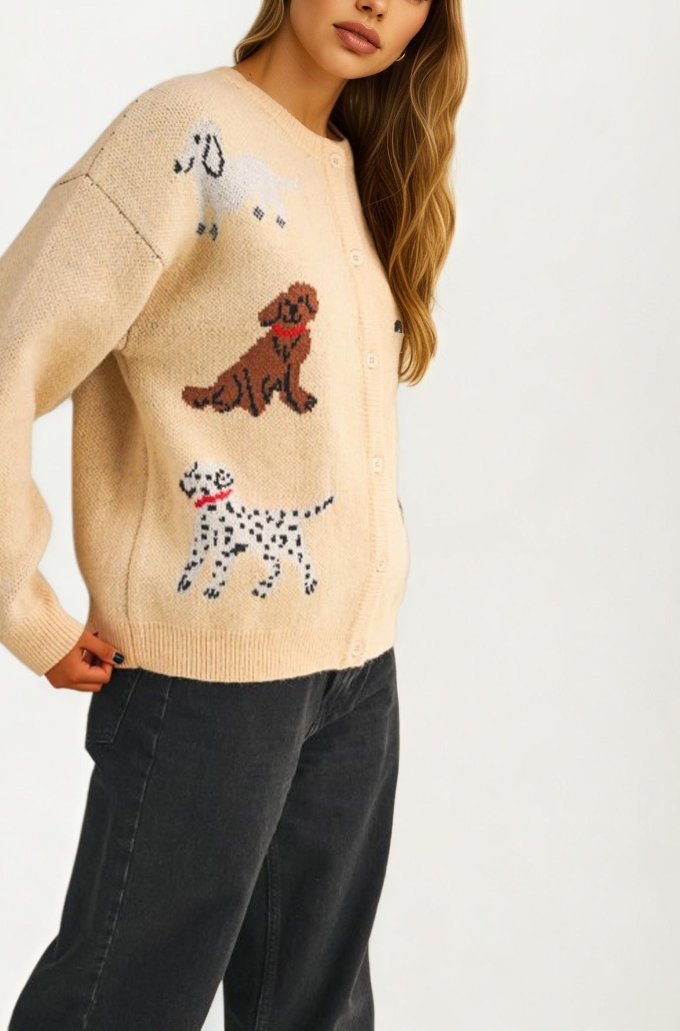 Button Front Dog Print Knit Cardigan With Relaxed Fit