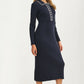 Collared Ribbed Knit Midi Dress with Contrast Stitch Detail