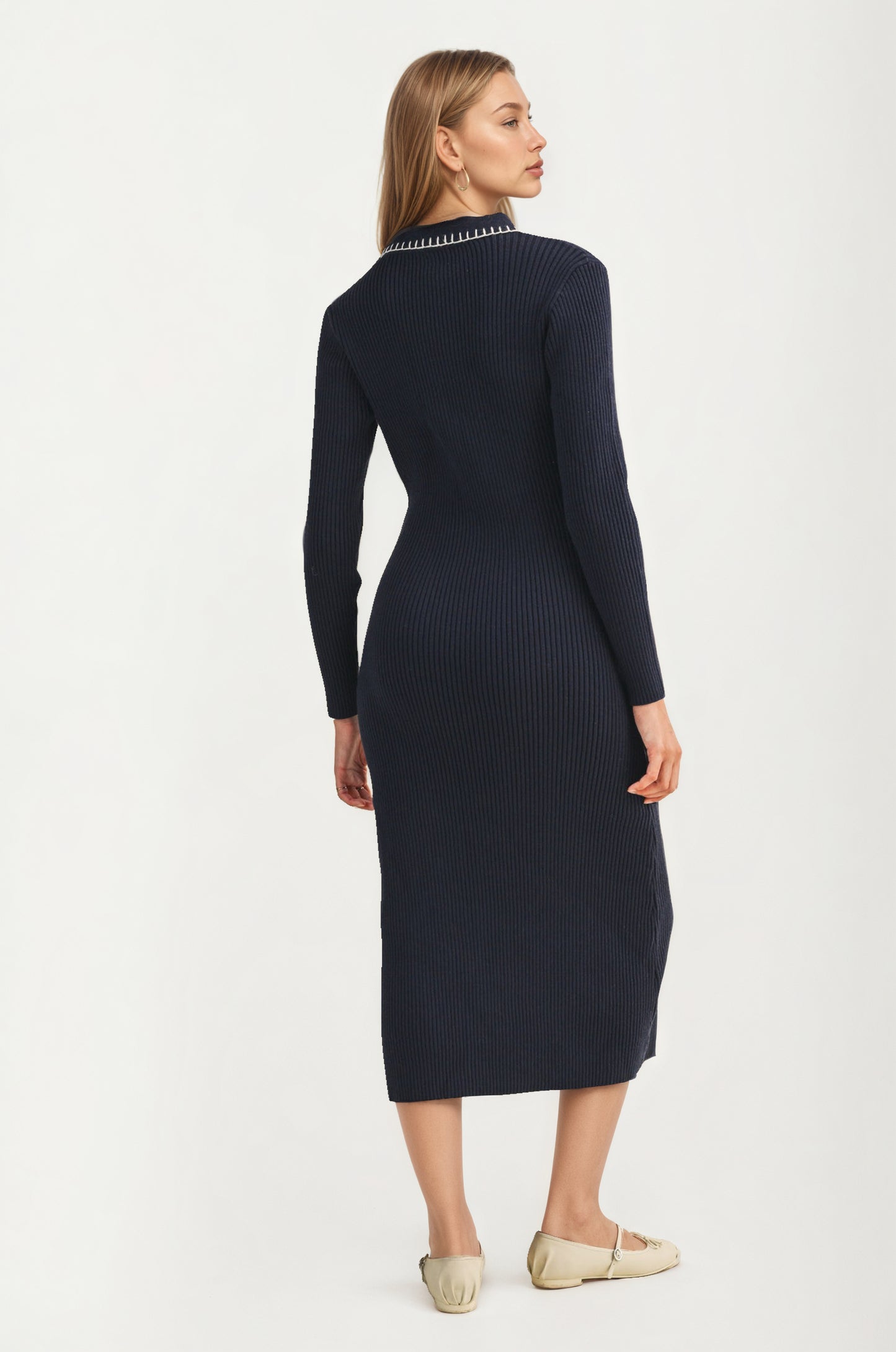 Collared Ribbed Knit Midi Dress with Contrast Stitch Detail