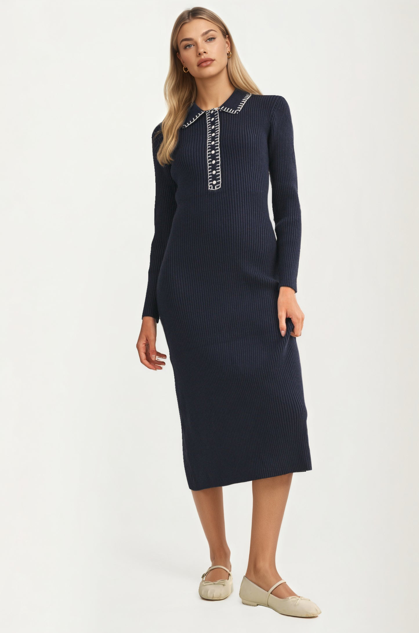 Collared Ribbed Knit Midi Dress with Contrast Stitch Detail