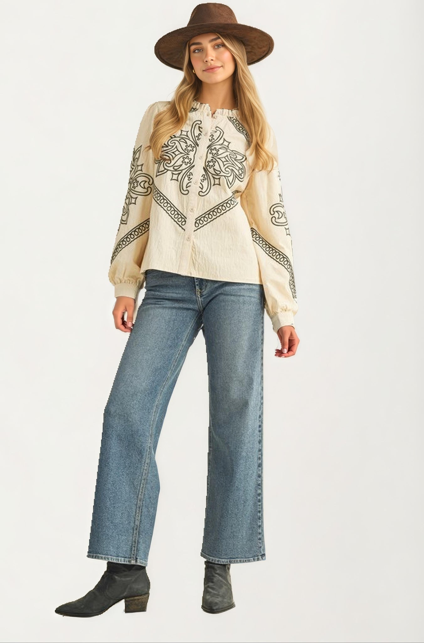 Western Embroidered Long Sleeve Cream Blouse