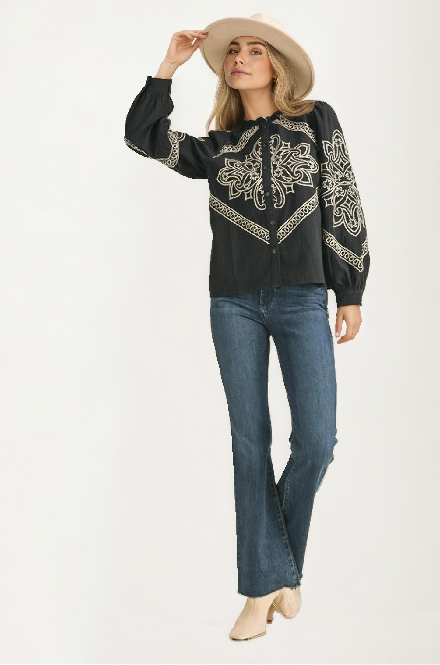 Black Embroidered Western Button-Up Blouse