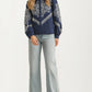 Navy Embroidered Button-Front Top With Puff Sleeves