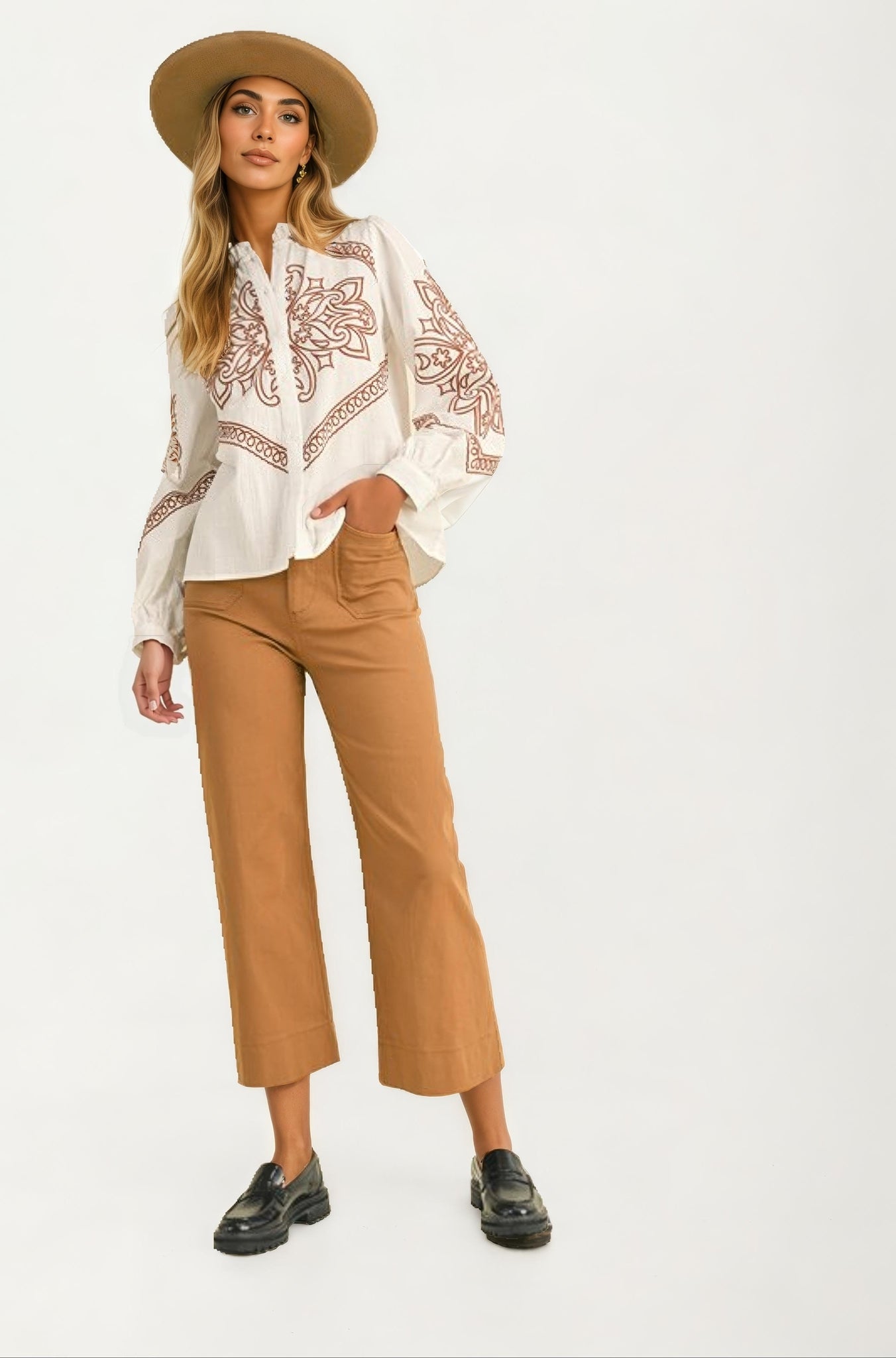 Ivory Embroidered Western Button-Up Blouse