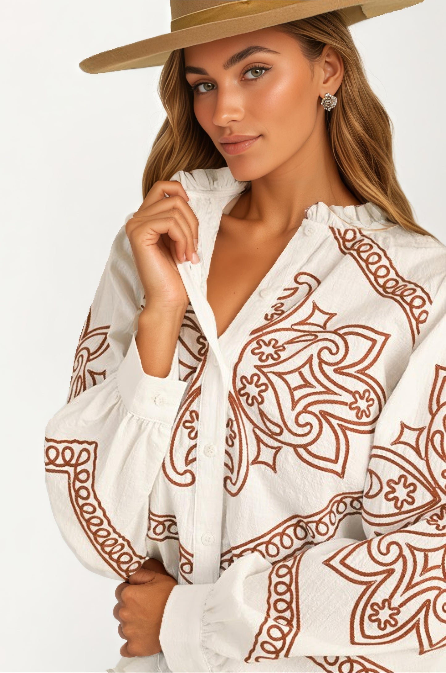Ivory Embroidered Western Button-Up Blouse