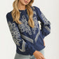 Navy Embroidered Button-Front Top With Puff Sleeves