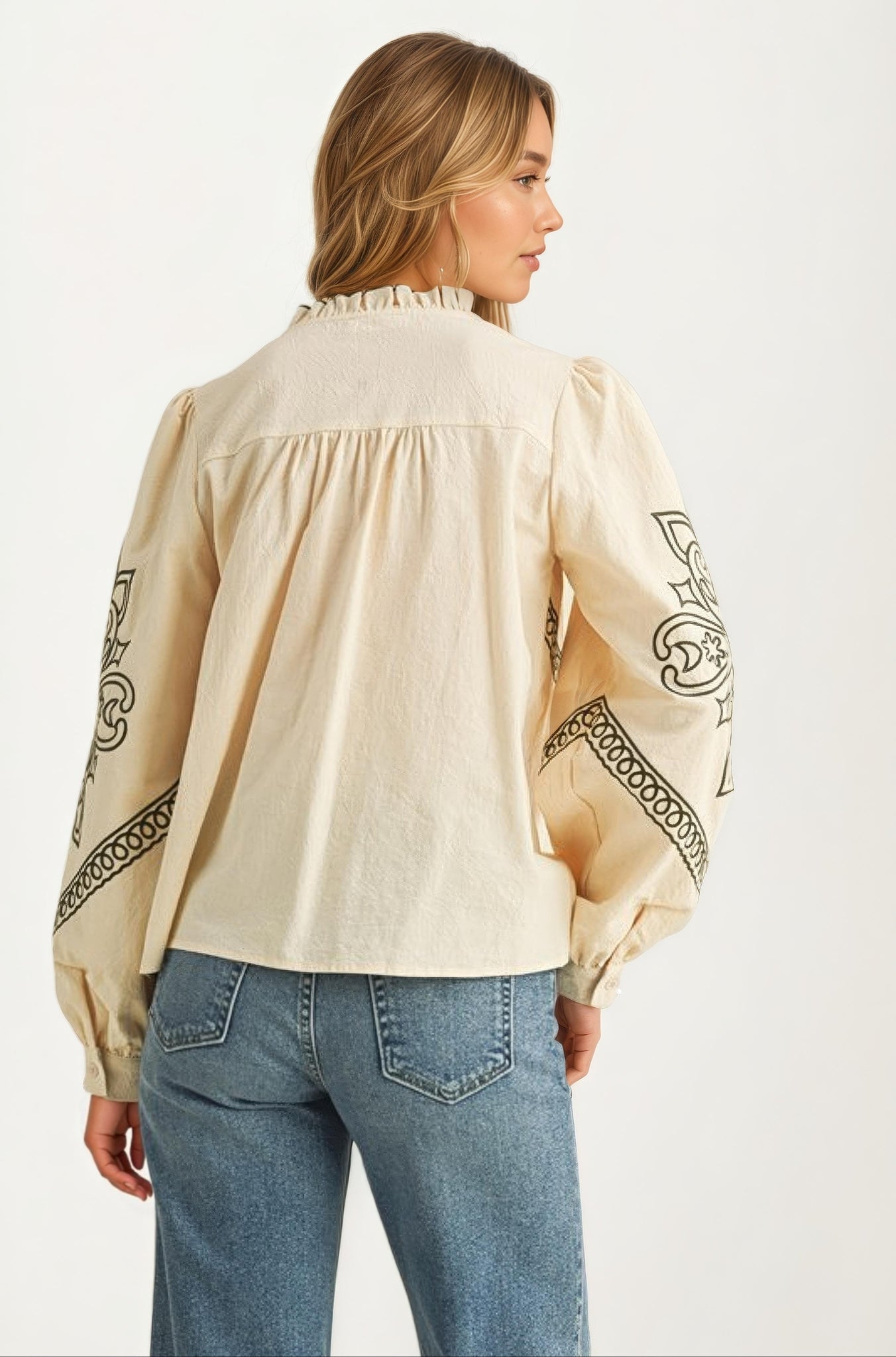 Western Embroidered Long Sleeve Cream Blouse