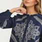 Navy Embroidered Button-Front Top With Puff Sleeves