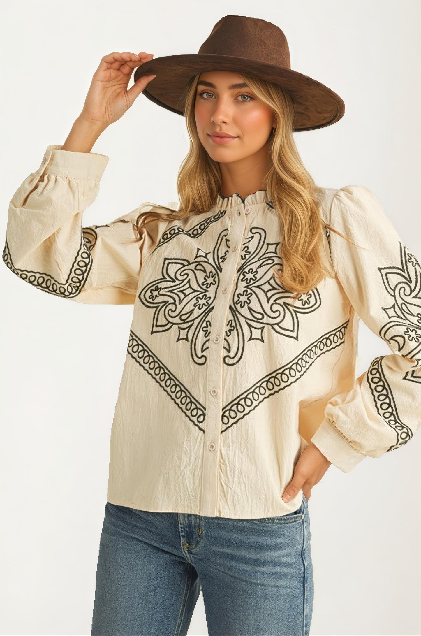 Western Embroidered Long Sleeve Cream Blouse
