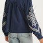 Navy Embroidered Button-Front Top With Puff Sleeves