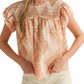 Smocked Ruffle Sleeve Top Soft Pink Floral Print Lightweight Relaxed Fit