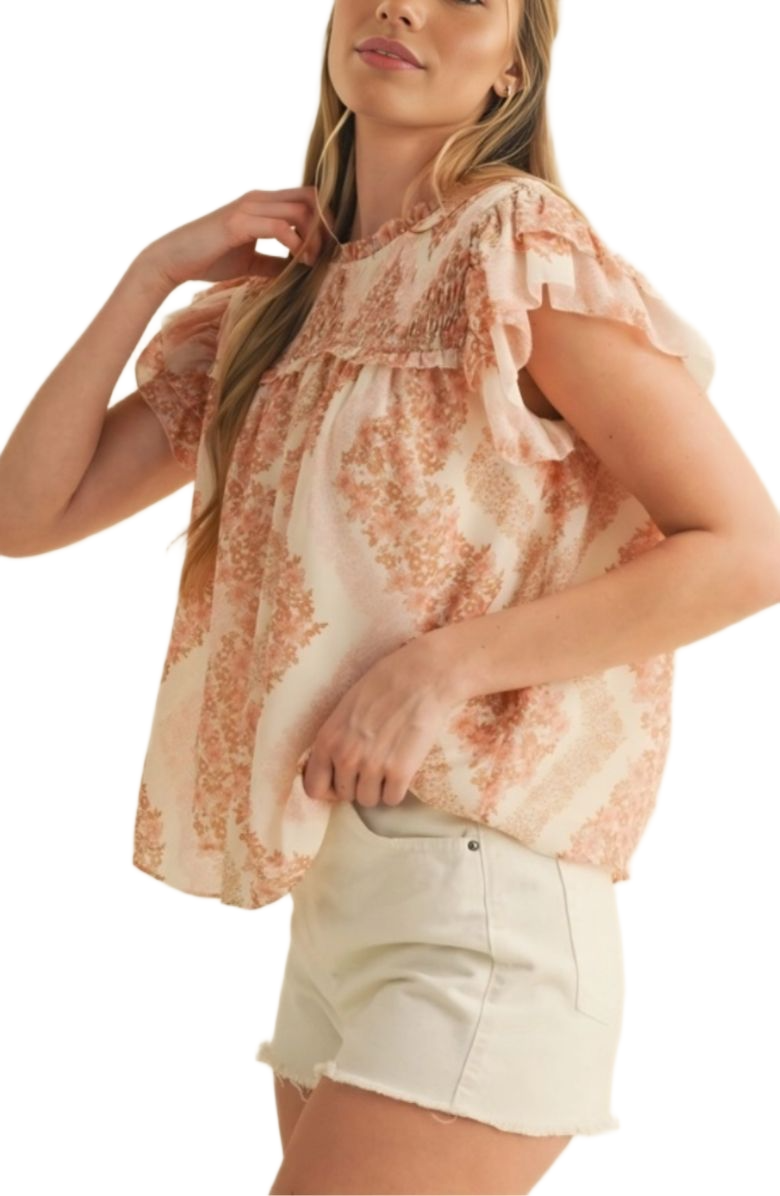 Smocked Ruffle Sleeve Top Soft Pink Floral Print Lightweight Relaxed Fit