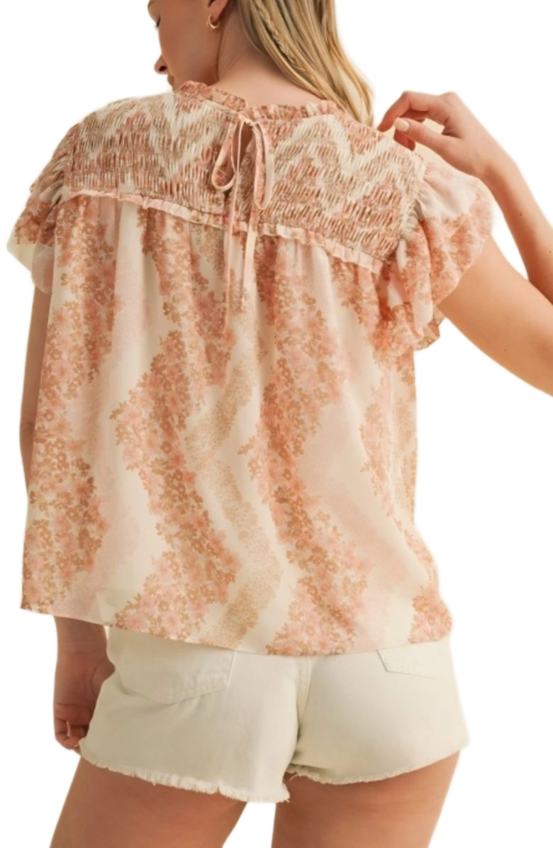Smocked Ruffle Sleeve Top Soft Pink Floral Print Lightweight Relaxed Fit