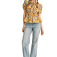 Floral Peplum Top Puff Sleeves Smocked Waist Tie Neck Scallop Trim Yellow Print